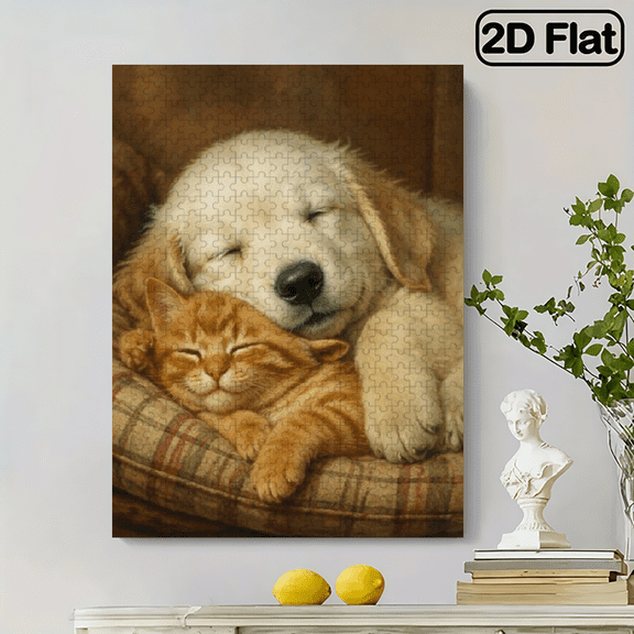 Challenging Puzzle, 2D Frameless Paper Puzzle, 500pc, 20.4x15 in, Dog & Orange Cat Cuddling While Sleeping in Soothing Comforting Scene, Educational, Great Gift for Pet Lovers.