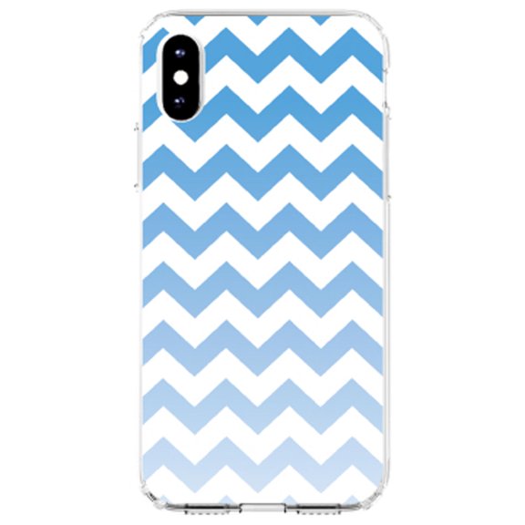 DistinctInk Clear Shockproof Hybrid Case for iPhone XR (6.1" Screen) - TPU Bumper, Acrylic Back, Tempered Glass Screen Protector - White Blue Fade Ombré Chevron Stripes