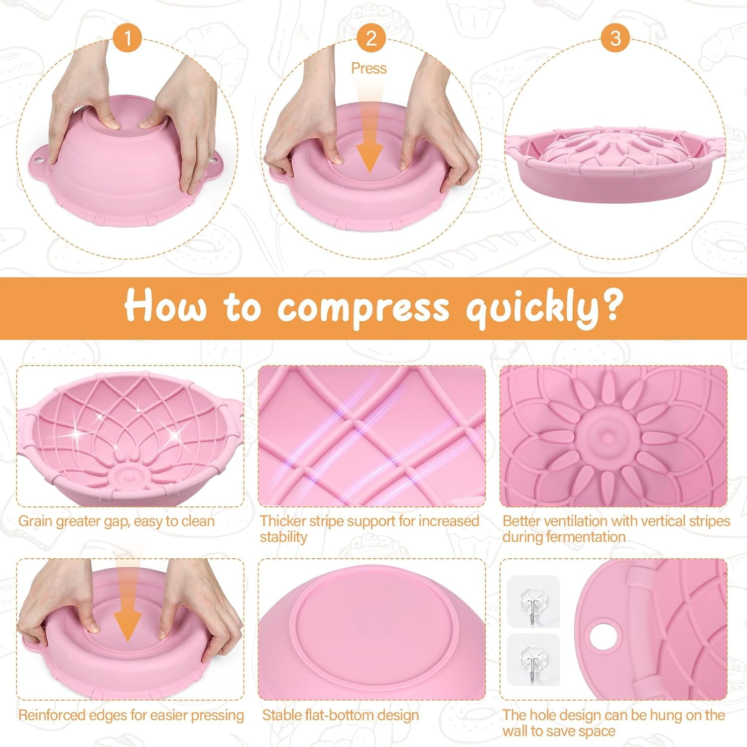 2 Pack Sourdough Bread Baking Supplies Set: Banneton Proofing Basket, Silicone Bread Baking Basket, 9 Inch Collapsible Bowl, Complete Tools Kit for Sourdoughs,Pink Proofing Baskets for Bread Making