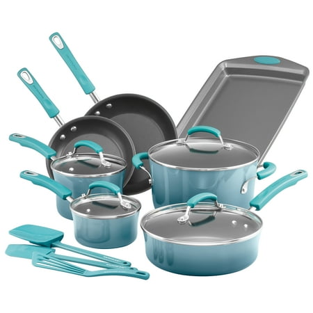 Porcelain 18' Doll - Rachael Ray Classic Brights Porcelain Nonstick 14 Piece Cookware Set with Bakeware and Tools, Agave Blue