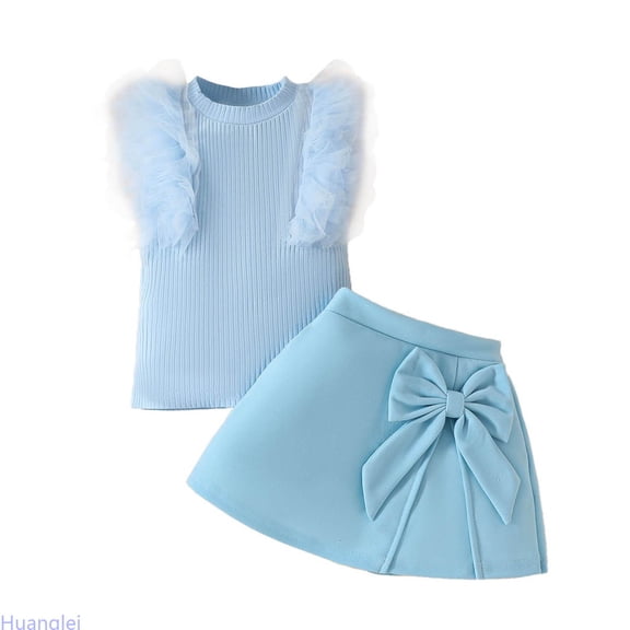 Huanglei Toddler Girls Sleeveless Ribbed Tops T Shirt Bowknot Skirts Outfits Casual Clothing Sets ,9-12 Months ,Blue