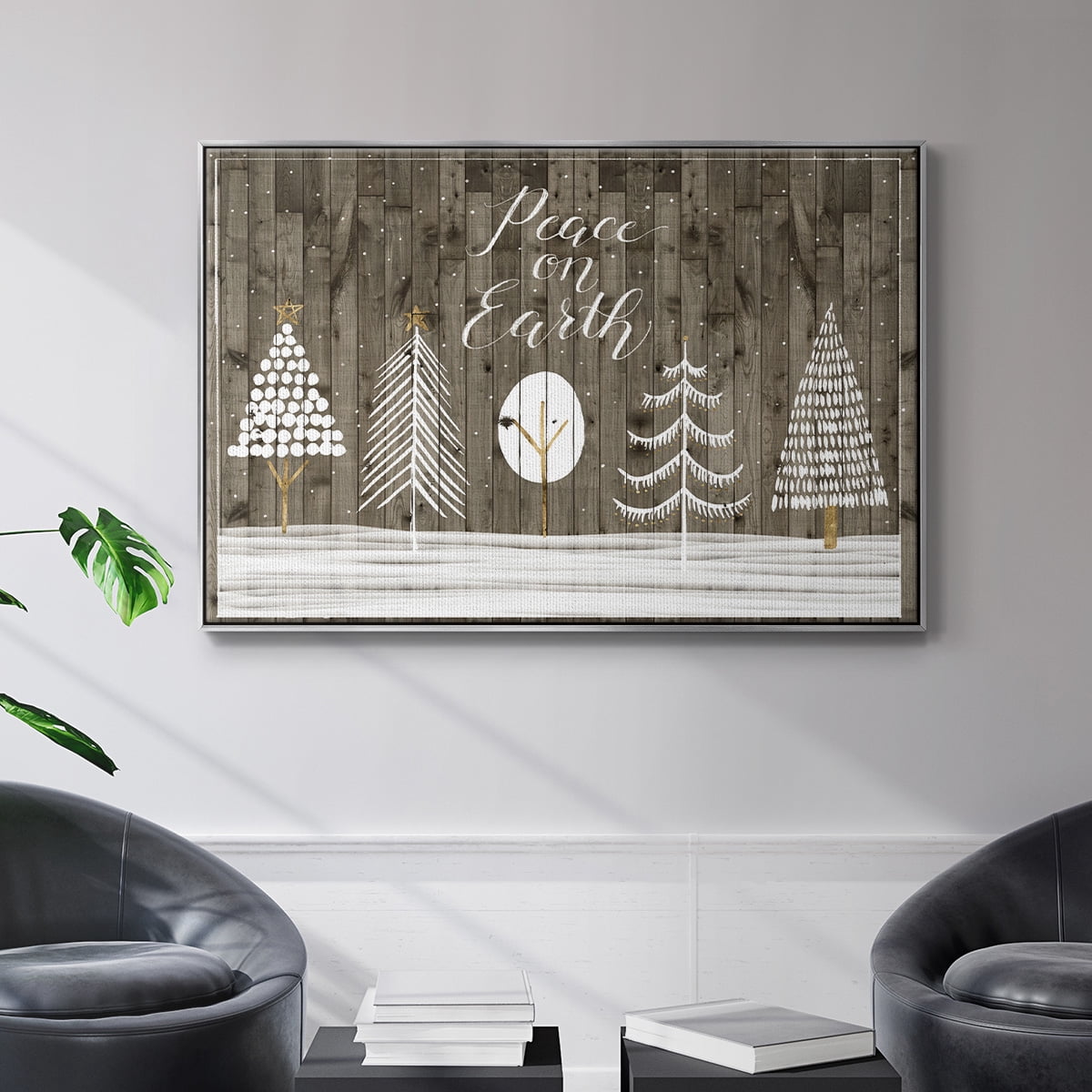 Wooded White Christmas Collection A - Framed Gallery Wrapped Holiday Canvas - 25 x 37 - Silver Frame