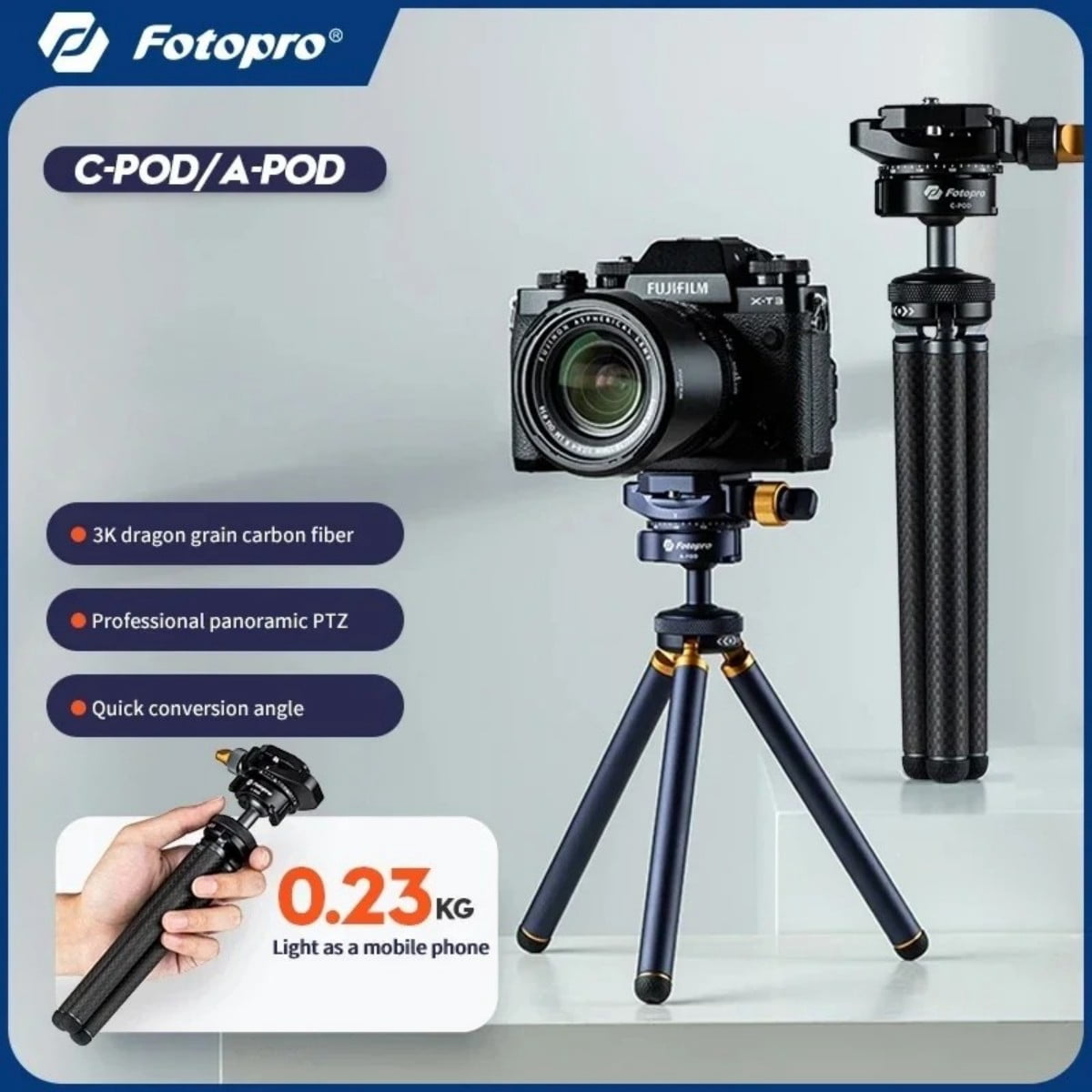 Fotopro Compact Mini Desktop Tripod, Lightweight Aluminium Portable Tabletop Tripod Stand, 360 Panoramic Pan Tilt for Digital Camera DSLR, Phone, A-Pod