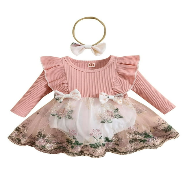 MesaSe Barboteuse-Robe pour Bébés Filles, Fleurs Brodées, Manches Longues, Combinaison en Maille et Dentelle, Bandeau