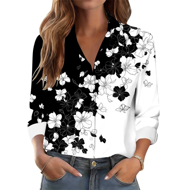 TaTaai Women Long Sleeve Collared Casual Printed Shirt Button Down Top Ladies Office Commute Daily Wear Soft Comfortable Non See Through Versatile Blouse Gift