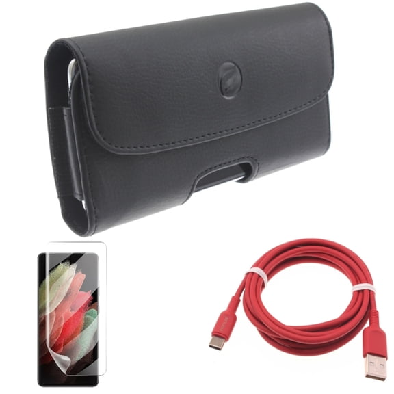 Matte Screen Protector & 6ft USB-C Cable & Case Belt Clip for Samsung Galaxy S21 Ultra Phone - TPU Film Anti-Glare & Red Charger Cord & Leather Holster Accessory Bundle
