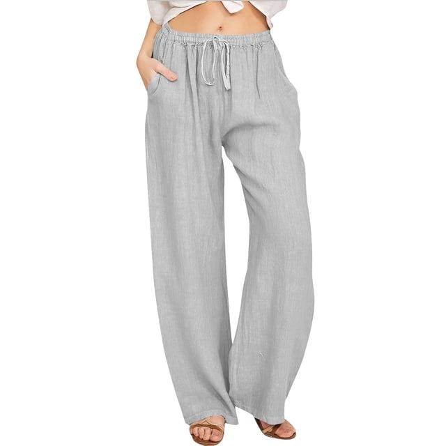 Women's Linen Palazzo Yoga Trousers - Elastic High Waist, Drawstring, Wide Leg - Breathable Polyester, Multiple Sizes