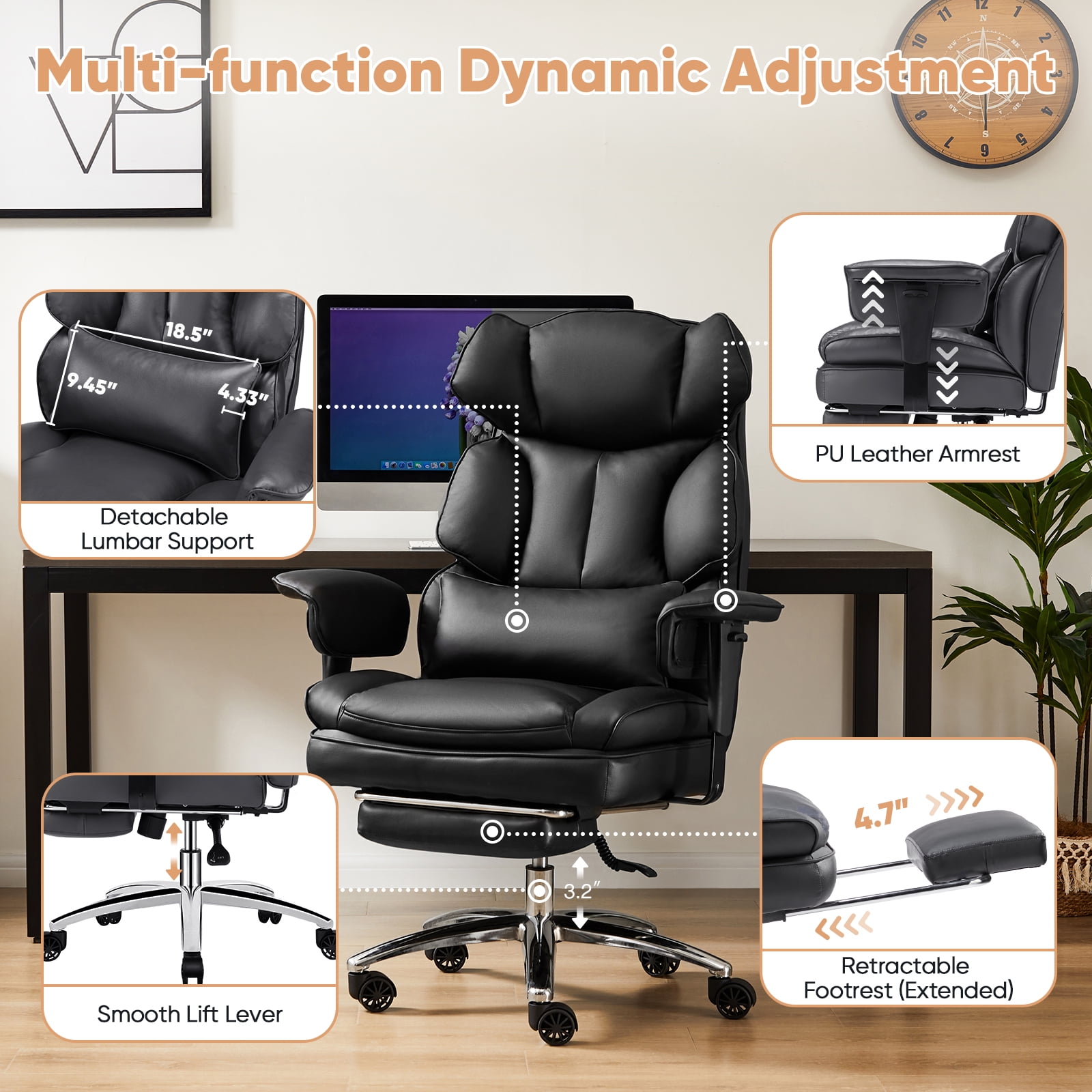 GIANNA Executive Home Office Desk Chair with Swivel Wheels, Footrest & Lumbar Support, Reclining Height Adjustable, Black