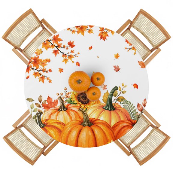 Fall Orange Pumpkin Maple Leaf Round Fitted Tablecloth with Elastic Edge,Waterproof Table Cloth Fits 55"-60" Tables,Wipeable Table Cover for Indoor Outdoor Dinning Party,Thanksgiving Sunflower Plant