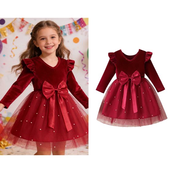 Girls Tutu Dress Ruffles Long Sleeve Red Velvet Dress for Girls Sequin Girls Tulle Dress Winter Dress Girls Holiday Dresses Size 4-5 Years