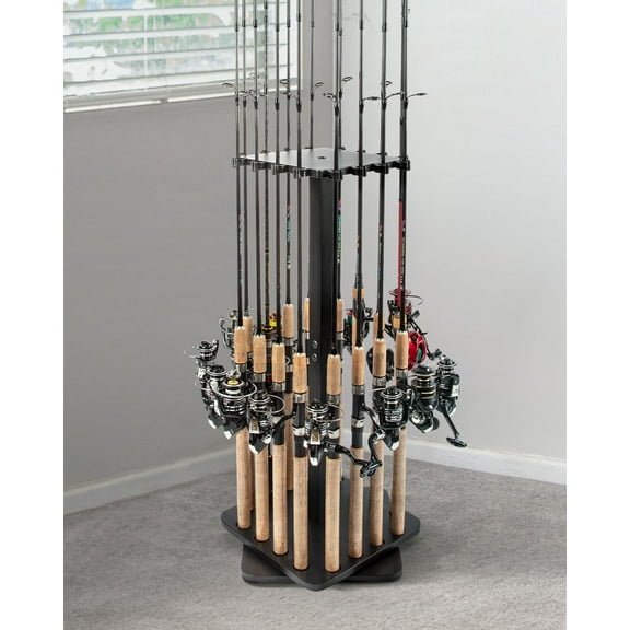 360  Rotating Fishing Rod Holder for Garage, Wood Storage Rack Holds up to 16 Rods, Fishing Gear Organizer