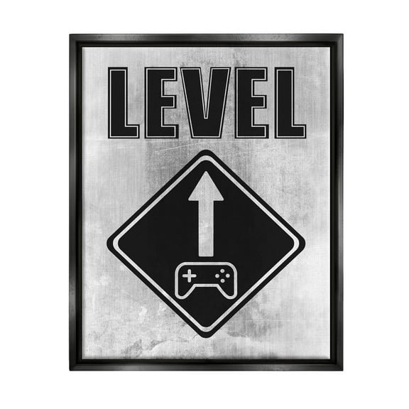 Stupell Industries Level Up Gaming Symbol Sign Graphic Art Jet Black Floating Framed Canvas Print Wall Art, Design by Marcus Prime