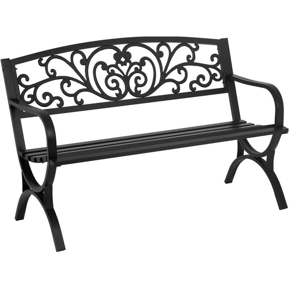 QISHENSHUI 50 Inch Patio Garden Bench – Practical Outdoor Metal Loveseat Chairs with Armrests & Slatted Surface for Easy-Clean Outdoor Leisure