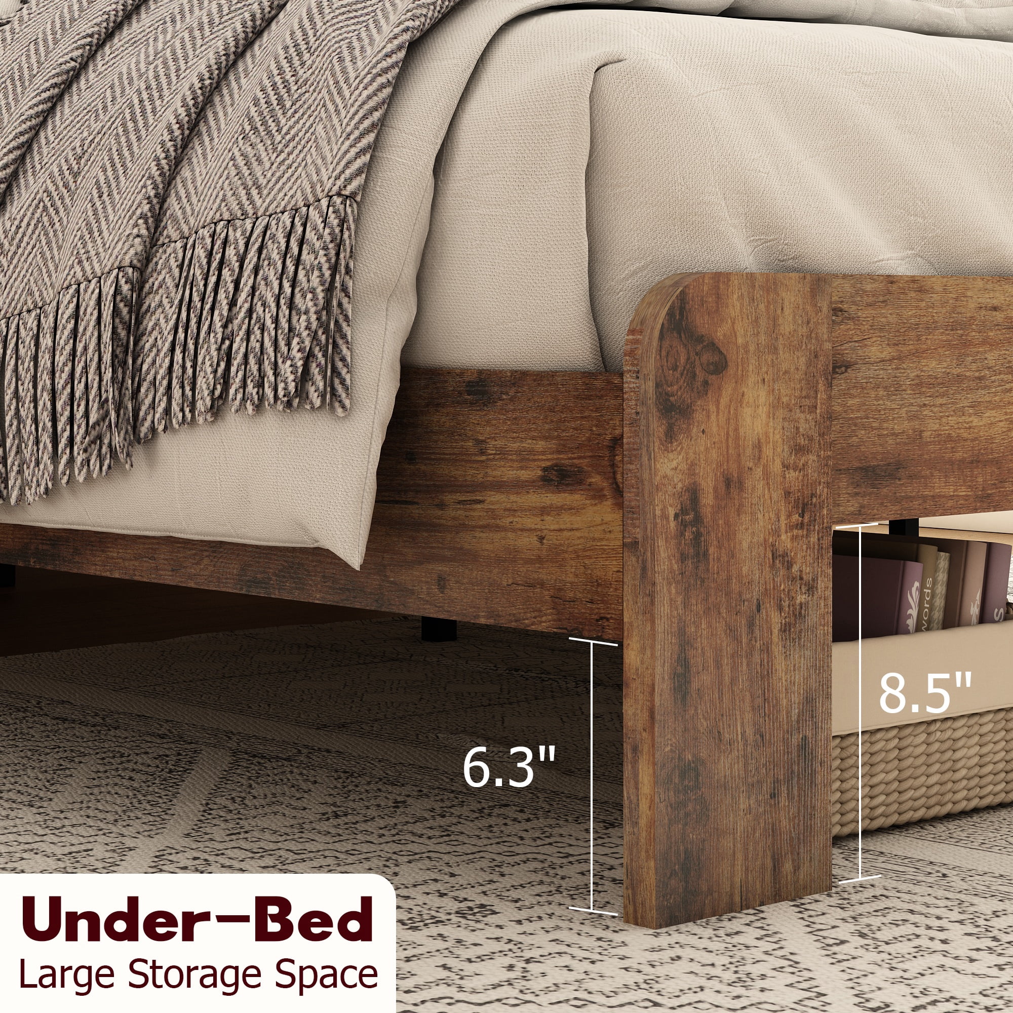 Sesslife Queen Size Bed Frame with Storage, Wood Platform Bed Frame with Charging Station and LED Light, Vintage Queen Bed Frame with Headboard and Wood Slats, No Box Spring Needed, Dark Brown