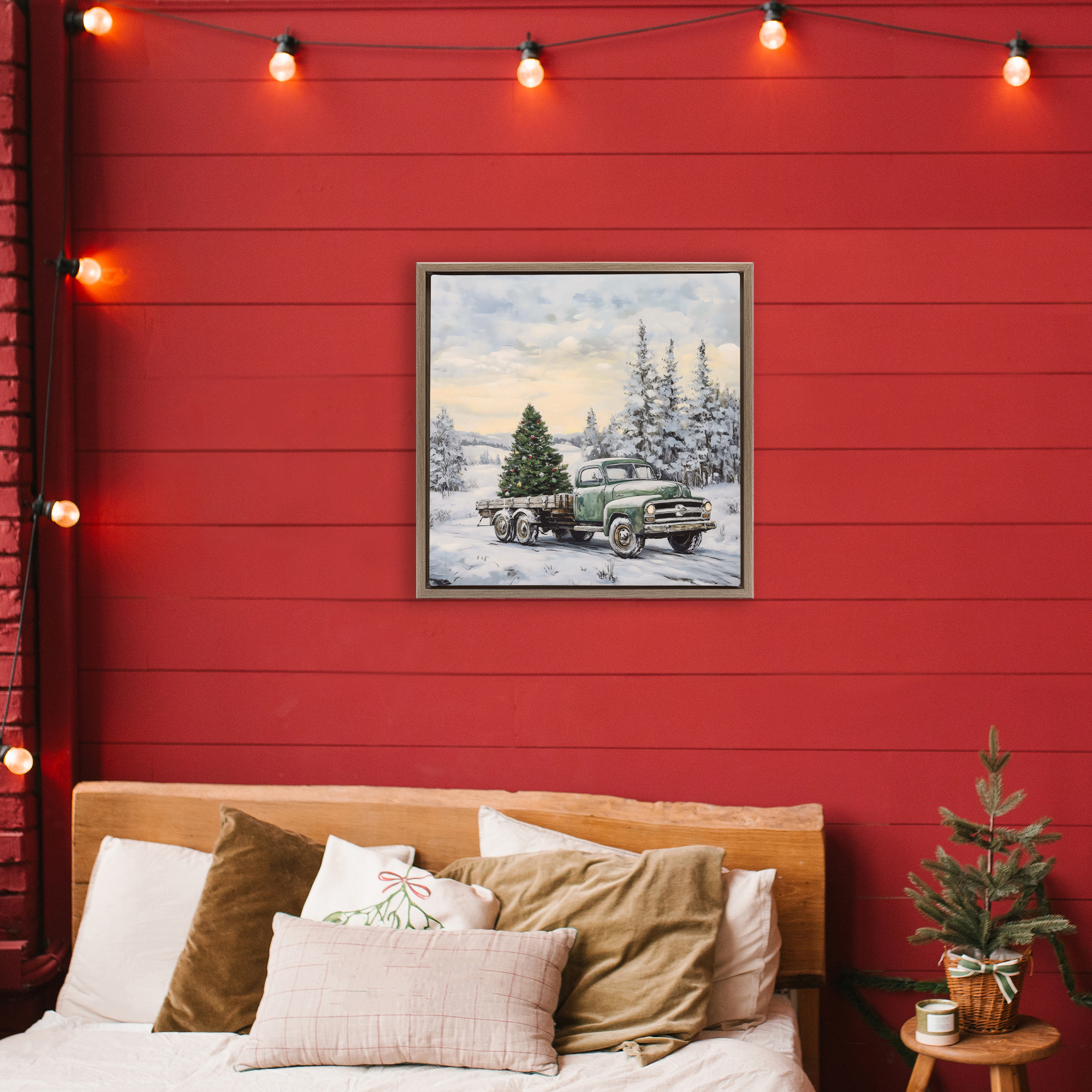 Green Christmas Tree Truck Brown Framed Floater Canvas Wall Art, design by Petal Prints Design