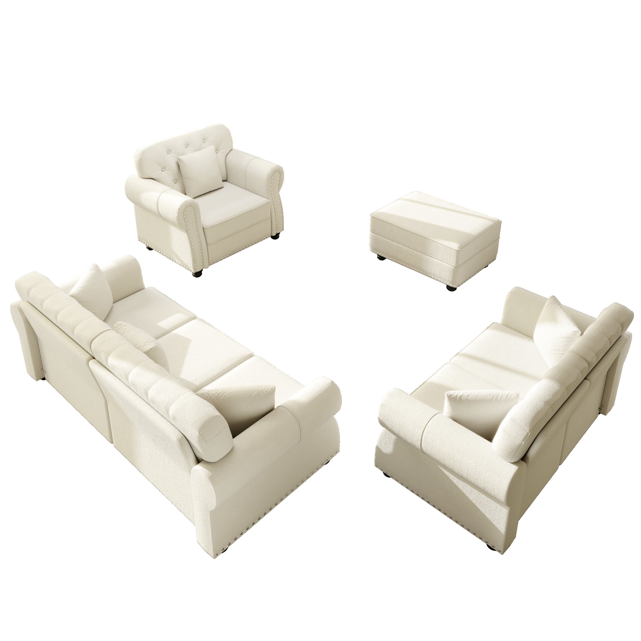 Noble House Kieran 6-Seater Velvet Chesterfield Sofa, Modern Tufted Armchair with Nailhead Trim and Ottoman, Beige White
