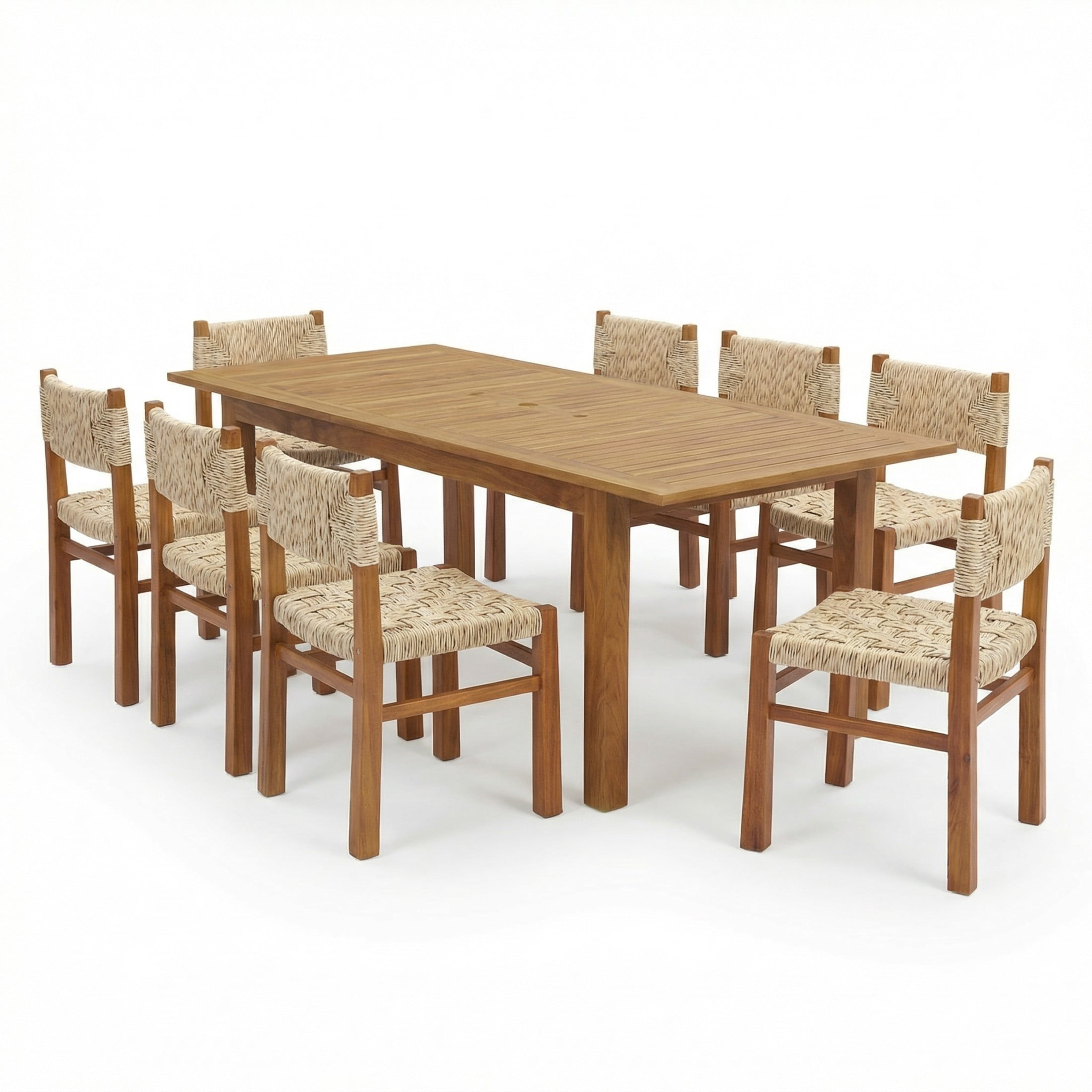 Christopher Knight Home 9-Piece Outdoor Wood Dining Set, Natural Expandable Table and Light Gray Wicker Chairs