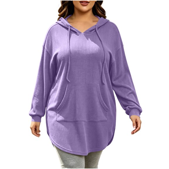 Women Plus-Size Long Hooded Sweatshirt Drawstring Long Sleeve Curved Hem Hoodie Tops With Kangaroo Pocket Casual Loose Daily Outerwear Purple XL