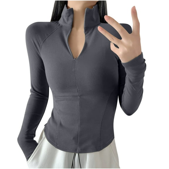 STETMN Women's Workout Yoga Tops Slim Zip Up Mock Neck Shirt Running Long Sleeve T-Shirts