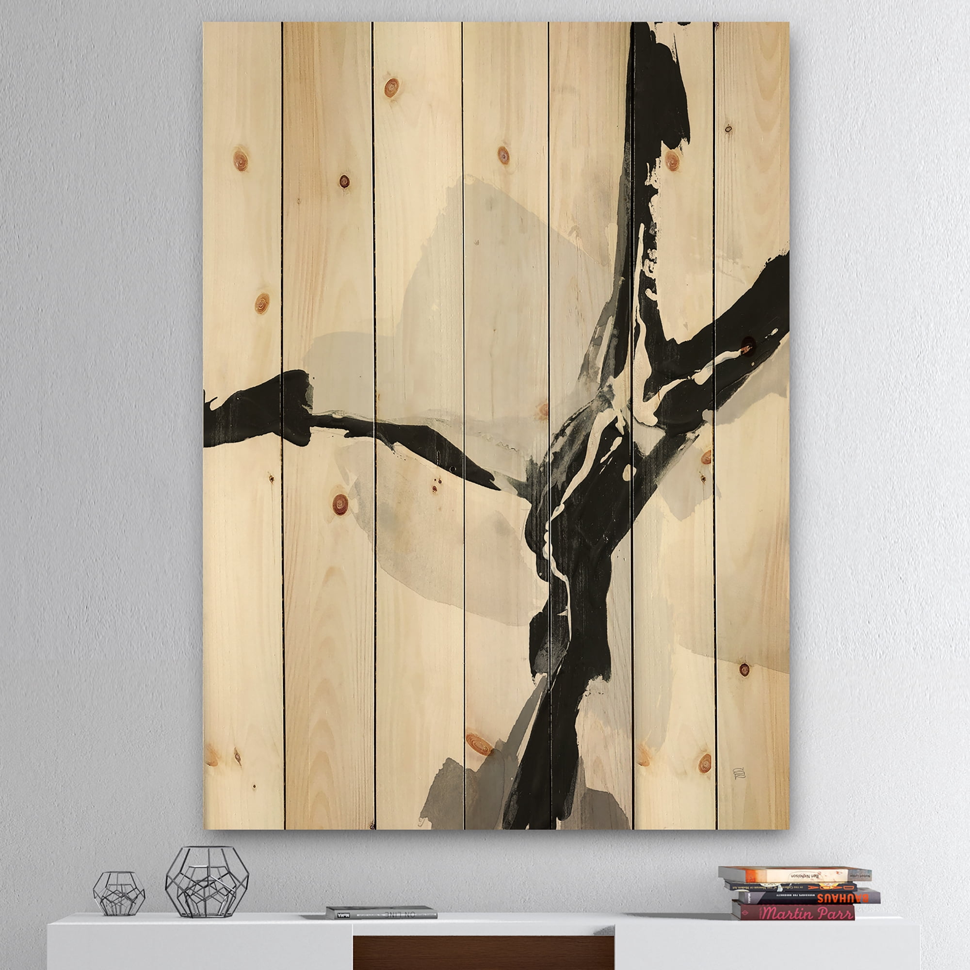 Designart 'Abstract Neutral III' Mid-Century Modern Print on Natural Pine Wood