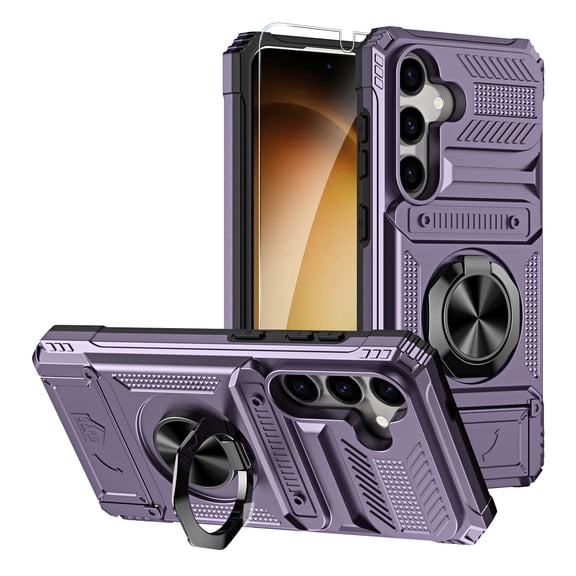 ELEHOLD for Samsung Galaxy S24 Rugged Hard Case with Metal Ring Holder Kickstand Work with Magnetic Car Mount Hidden Card Slot Pocket Shockproof Armor Cover with 1 Pack Screen Protector,Violet
