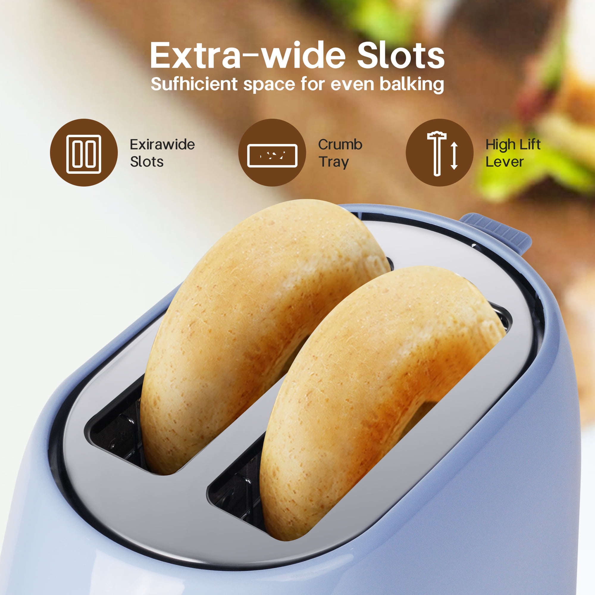 NBTX Toasters 2 Slice Wide Slot With 7-Shade Toast Settings, Slide-Out Crumb Tray, Auto-Shutoff, Faster Heating Speed, Toast Lift Perfect for Toasting Bread Bagels Waffles and Puff Pastry, Blue