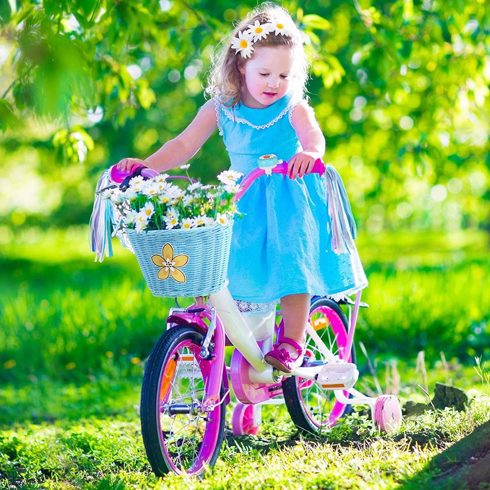 Kid's Bicycle Basket Streamers Set, Front Handlebar Kid's Bicycle Basket, Daisy Bike Bell, 2 Bike Streamer, 30 Kids Cartoon Sticker, Bike Decoration for Toddler Children Kids Girl