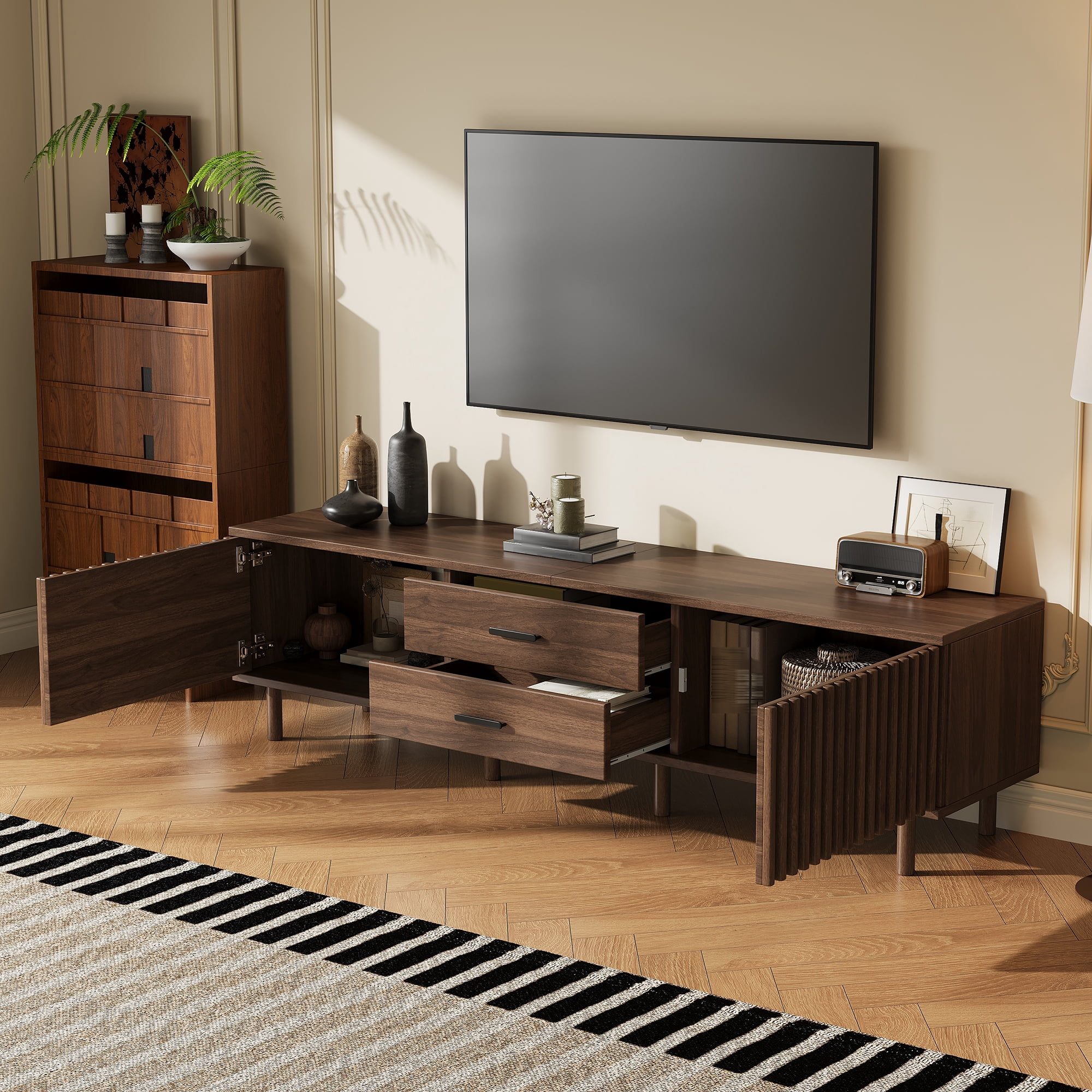70in TV Stand for TVs up to 80 inches for Living Room, Media Entertainment Center with Ample Storage & Solid-Wood Legs