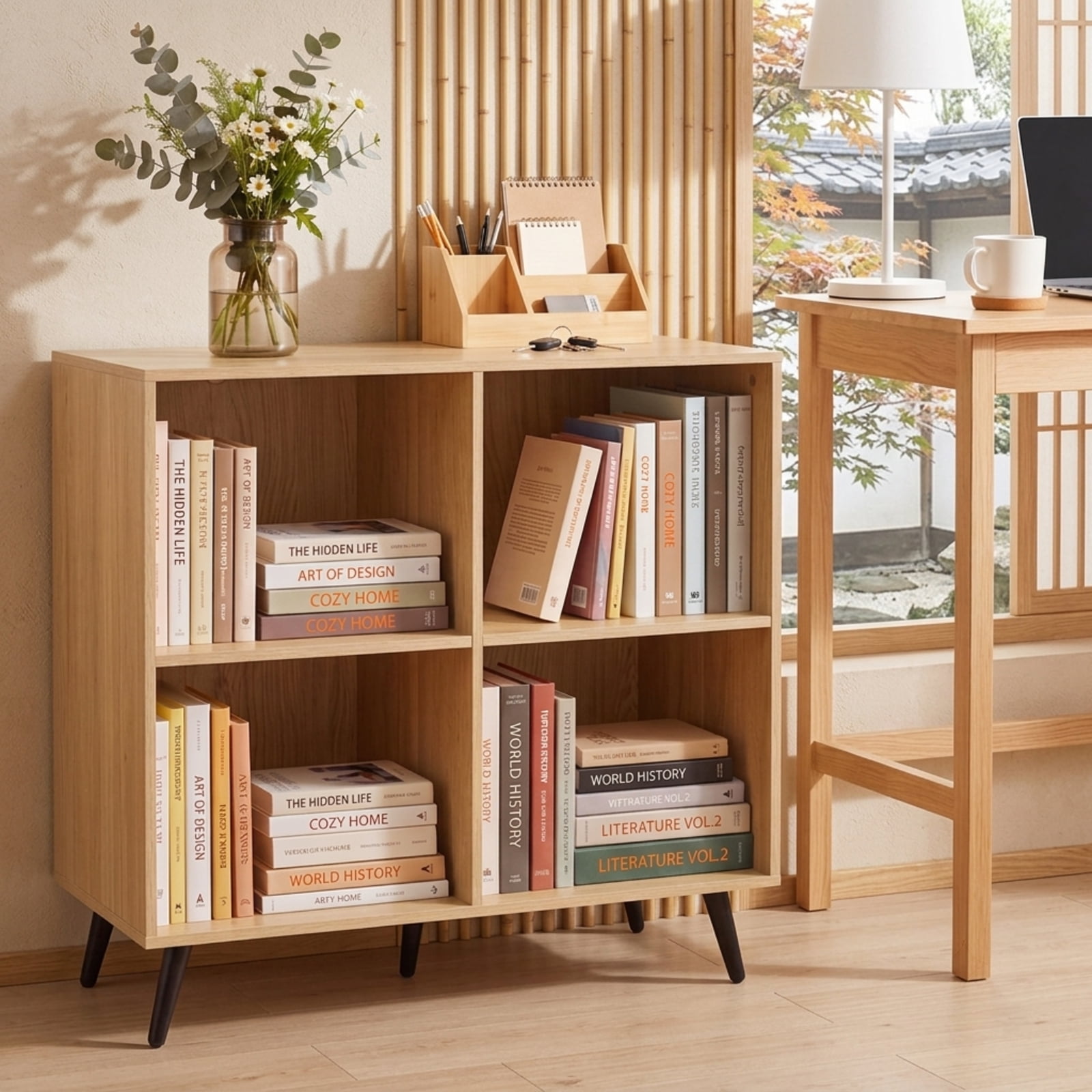 Furnibear 4-Cube Wooden Bookshelf, Freestanding Storage Bookcase with 5 Metal Legs and Enclosed Back for Living Room Home Office, Natural