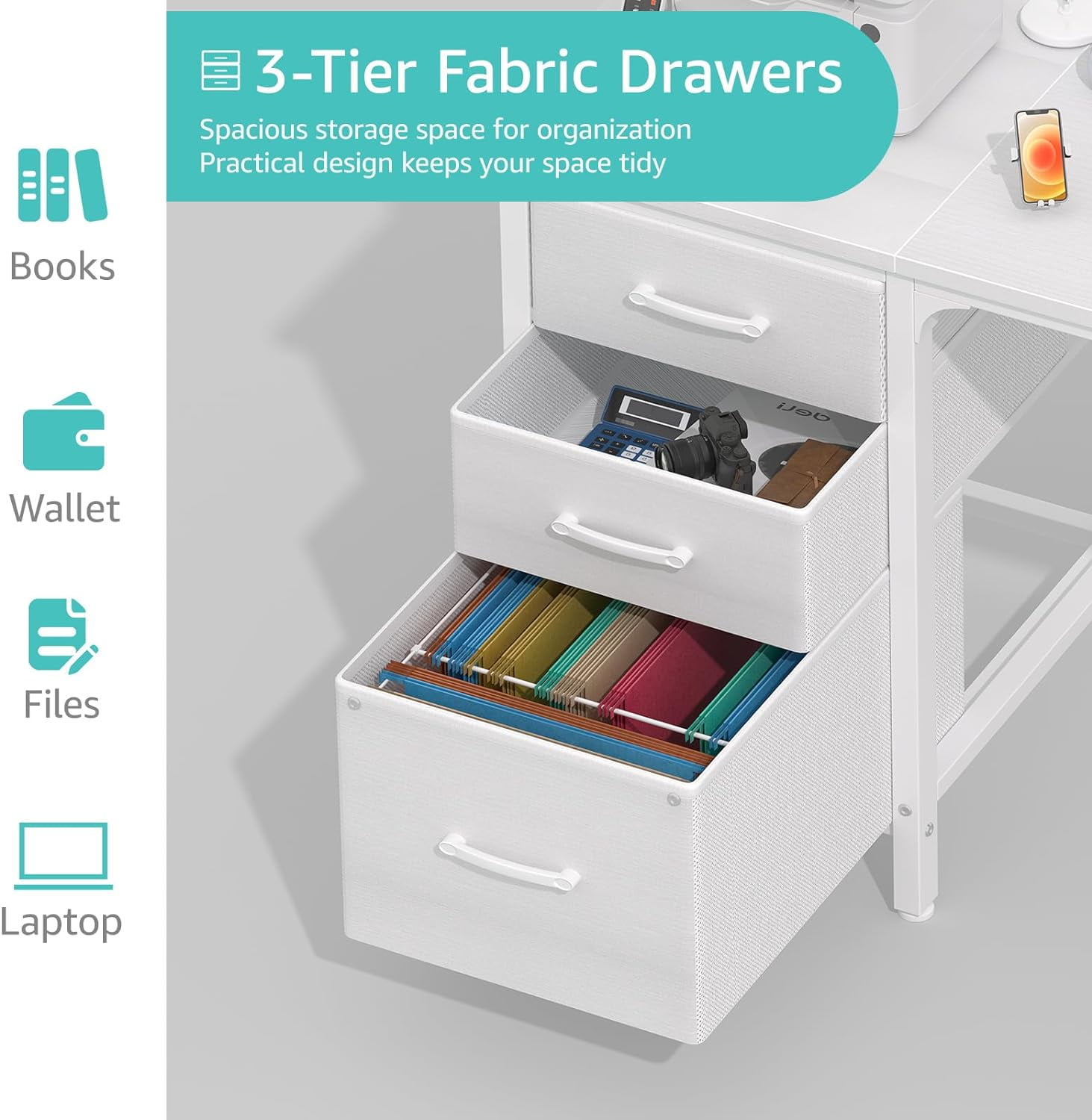 Lufeiya White Computer Desk with Fabric File Drawers Cabinet, 47 Inch Home Office Desks with Filing Cabinet for Small Space, Modern Writing Table PC Desks, White