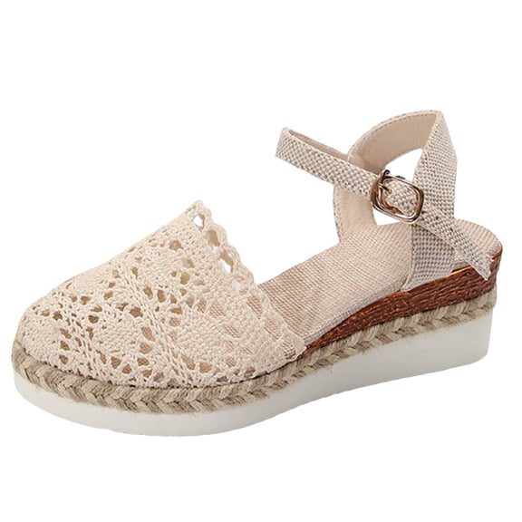 IUJSOY Women's Espadrilles Casual Lace Closed Toe Wedge Platform Sandals with Buckle Ankle Strap