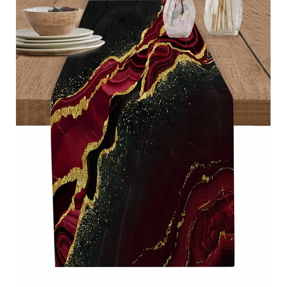 Table Runner Dresser Scarf 13 x 108 Inch Black Gold Marble Rose Red Luxury Modern Abstract Texture Table Runners Non-Slip Heat Kitchen Dining Table Decor for Indoor Outdoor Home Party Decoration