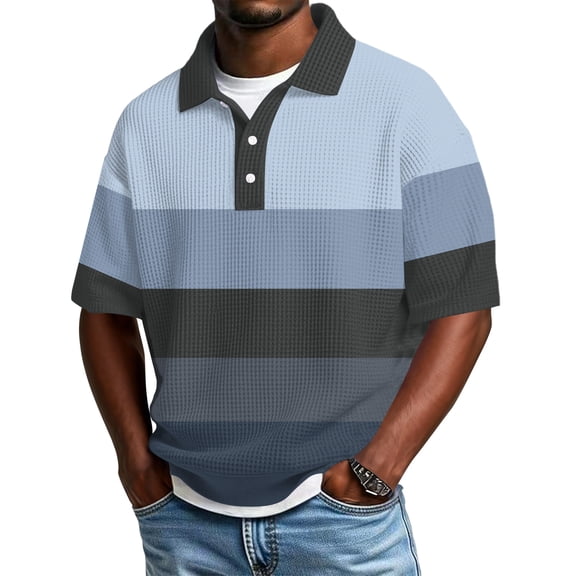 Hearthz S-4XL Striped Golf Shirt Men Short Sleeve Casual Color Block Collared Men's Shirts Button Down Waffle Knit Men's Polo Shirts