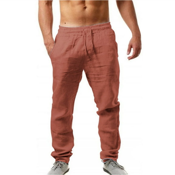 Caqnni Men's Linen Joggers Pants Casual Long Cotton Beach Pants with Pockets Men Work Pants Athletic Pants (Red,M)