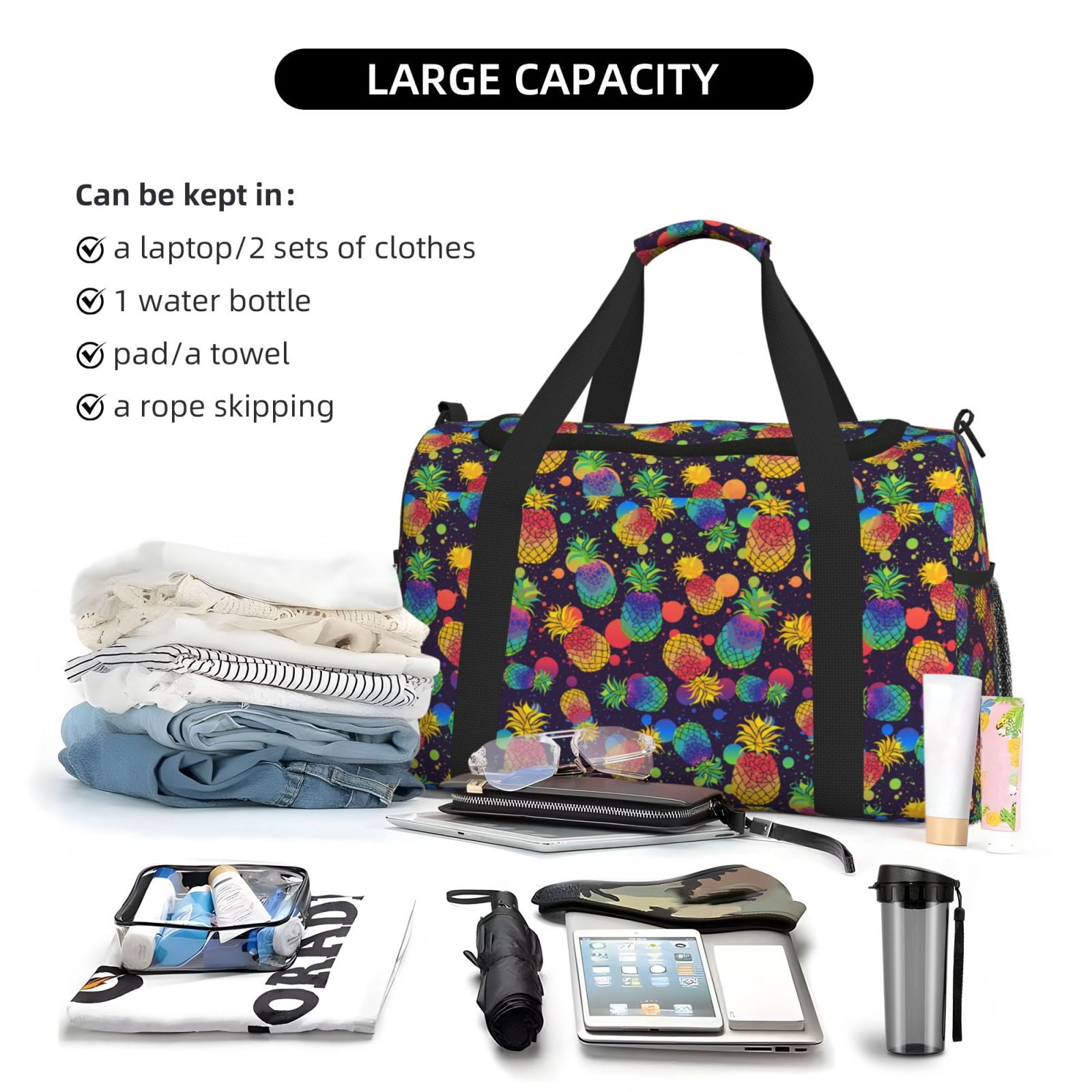Fuzoiu Colorful Pineapples1 Print Travel Duffle Bag,Carry On Tote Bags,Duffel Bag,Sport Gym Bag, Hospital Bag for Labor and Delivery, Overnight Bag,Luggage Bag