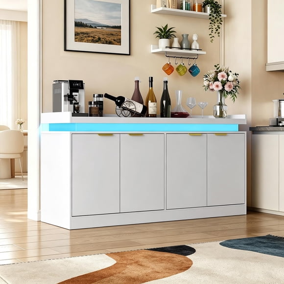 Armario de Cocina, Gabinete de Almacenamiento para Cocina con Luz LED y Toma de Corriente, 4 Puertas