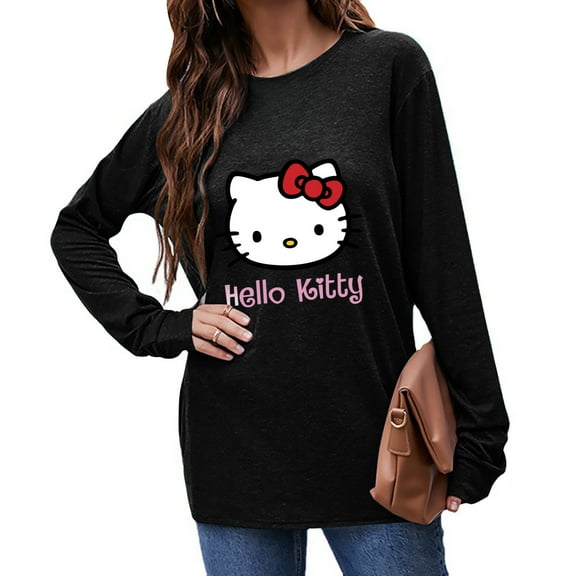 Hello Kitty Long Sleeve Shirts for Women Casual Crew Neck Basic Fall Tops Loose Fit Comfy Black 21Inch