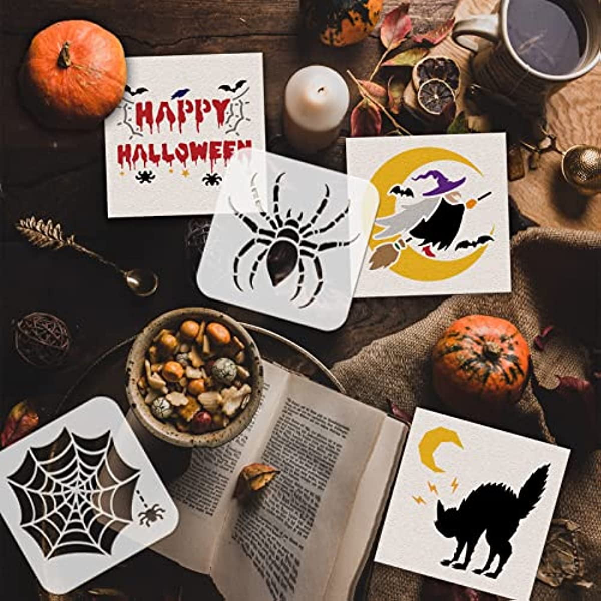 12PCS Halloween Themed Drawing Stencils 6x6 Happy Halloween Pumpkin Bat  Ghost Template for Scrabooking Card Making Wall Floor Art 