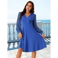 thumbnail image 3 of DARING DIVA Women's V Neck Wrap Swiss Dots Lantern Sleeve Midi Dresses L Royal Blue, 3 of 5