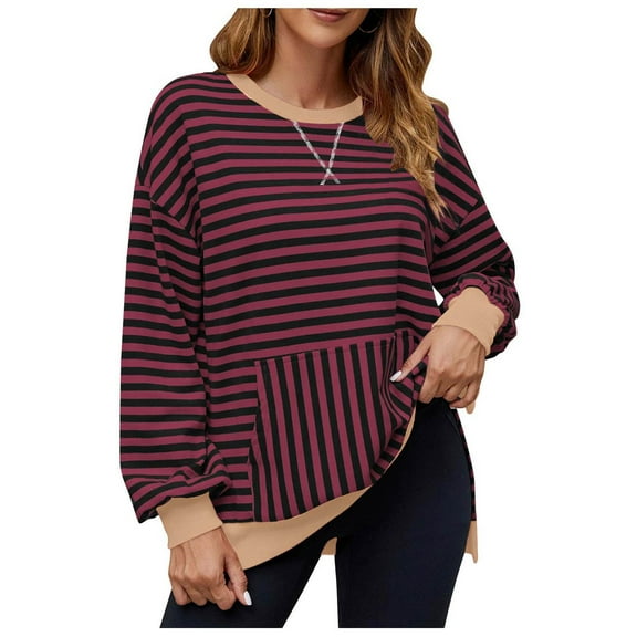 aidice Shirts for Women Casual Crewneck Long Sleeve Loose Striped Side Split Drop Shoulder Blouses Tops