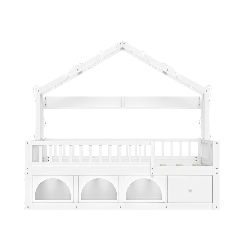 Full Size Kids Montessori Floor Bed Frame with Guardrail & Drawer, Children House Platform Bed with LED Light & Small Cat Bed