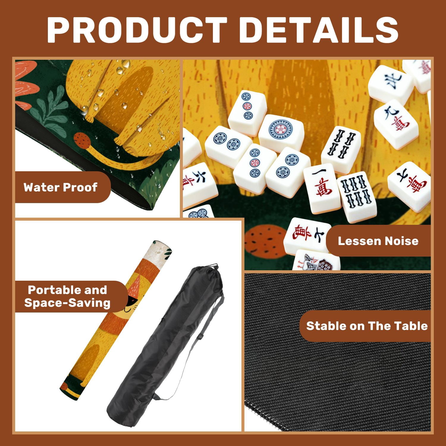 Mahjong Mat 31.5" x 31.5" Cute lion jungle seamless Hand drawn for Non-Slip Noise Reduction American Mahjong Tiles Table Cover for Dominoes Poker Card Board Games Gift