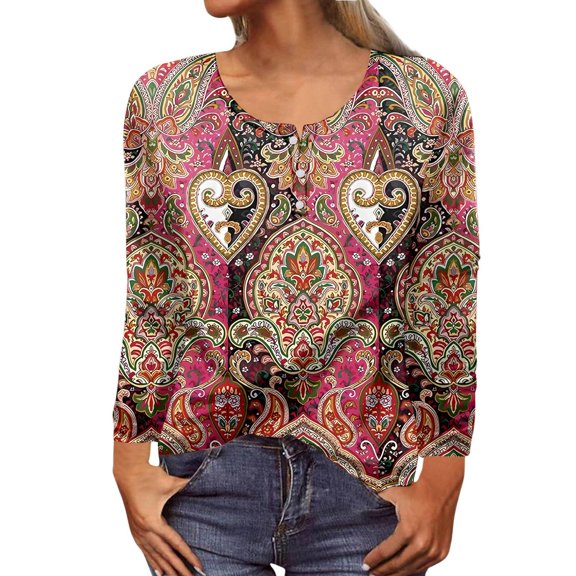 Arlun Oversized Button up Tshirts for Women Trendy Graphic Printed V Neck Long Sleeve T Shirts Womens Loose Fit Lightweight Comfortable Tops Outfits Hot Pink M