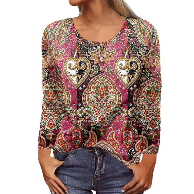 MHFRRA Camiseta de Manga Larga con Cuello Redondo y Estampado Floral para Mujer, Estilo Informal y Elegante. Rosa Fuerte