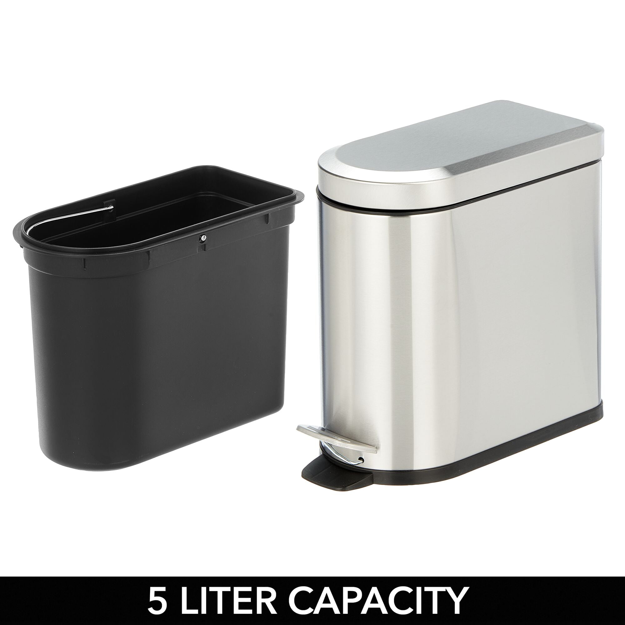 mDesign  1.3 Gallon Bathroom D-Shape Metal Step Trash Can, Brushed/Chrome