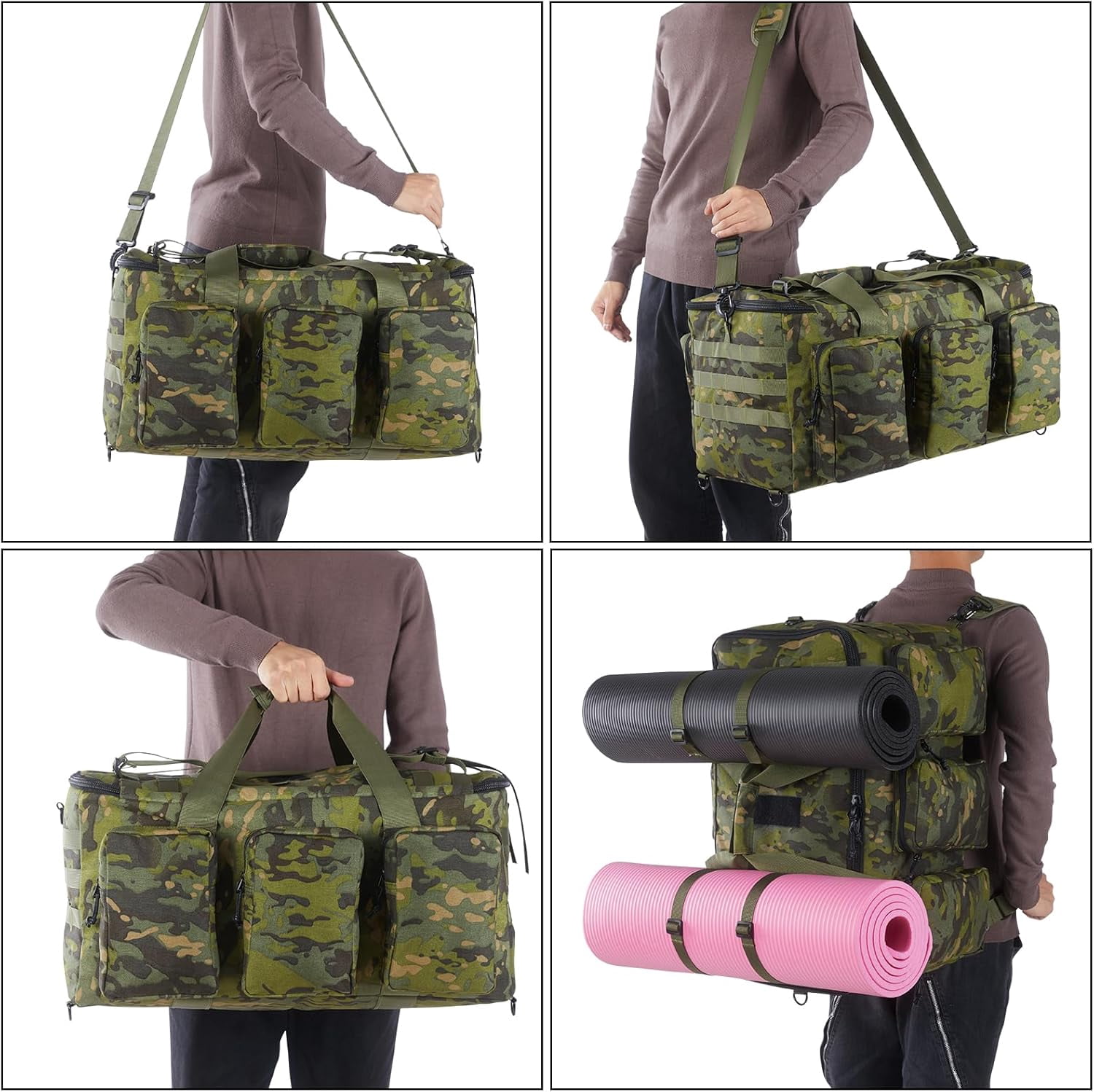 LuckySunDecorQZ 55L luggage bag with compartments and straps, suitable for men, large-sized sports and fitness luggage bag, suitable for weekend travel and camping(Camo Green)
