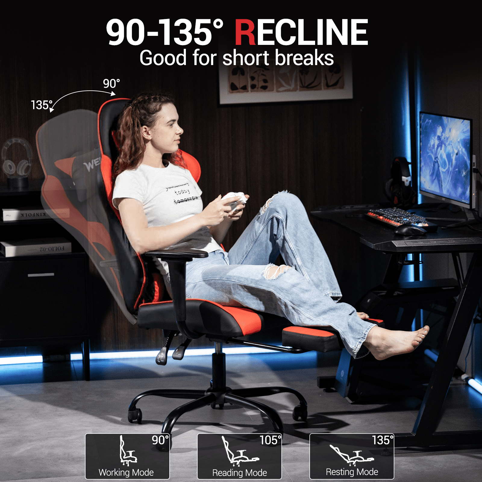 WENTUM Reclining Gaming Chair with Footrest, Massage Racing Office Chair, PU Leather Computer Desk Chair with Head Pillow for Adults, Red