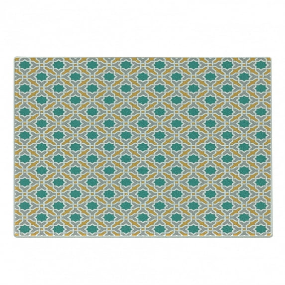 Teal Cutting Board, Abstract Geometric Pattern Eastern Oriental Symmetric Design Print, Decorative Tempered Glass Cutting and Serving Board, Small Size, Mustard Teal and Grey, by Ambesonne