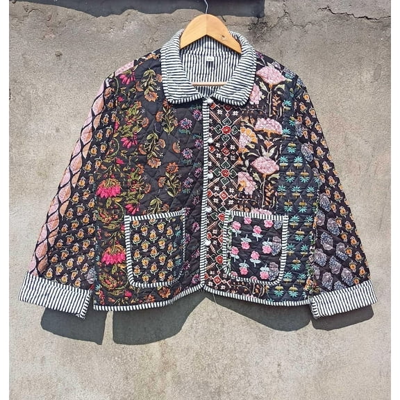 Patchwork Floral Print Cotton Handmade Kantha Jacket, Womens Clothing Quilted Reversible Coat Kimono Indian Hand Printed Vintage Boho Vest Christmas Gift CQJ-03_XXL