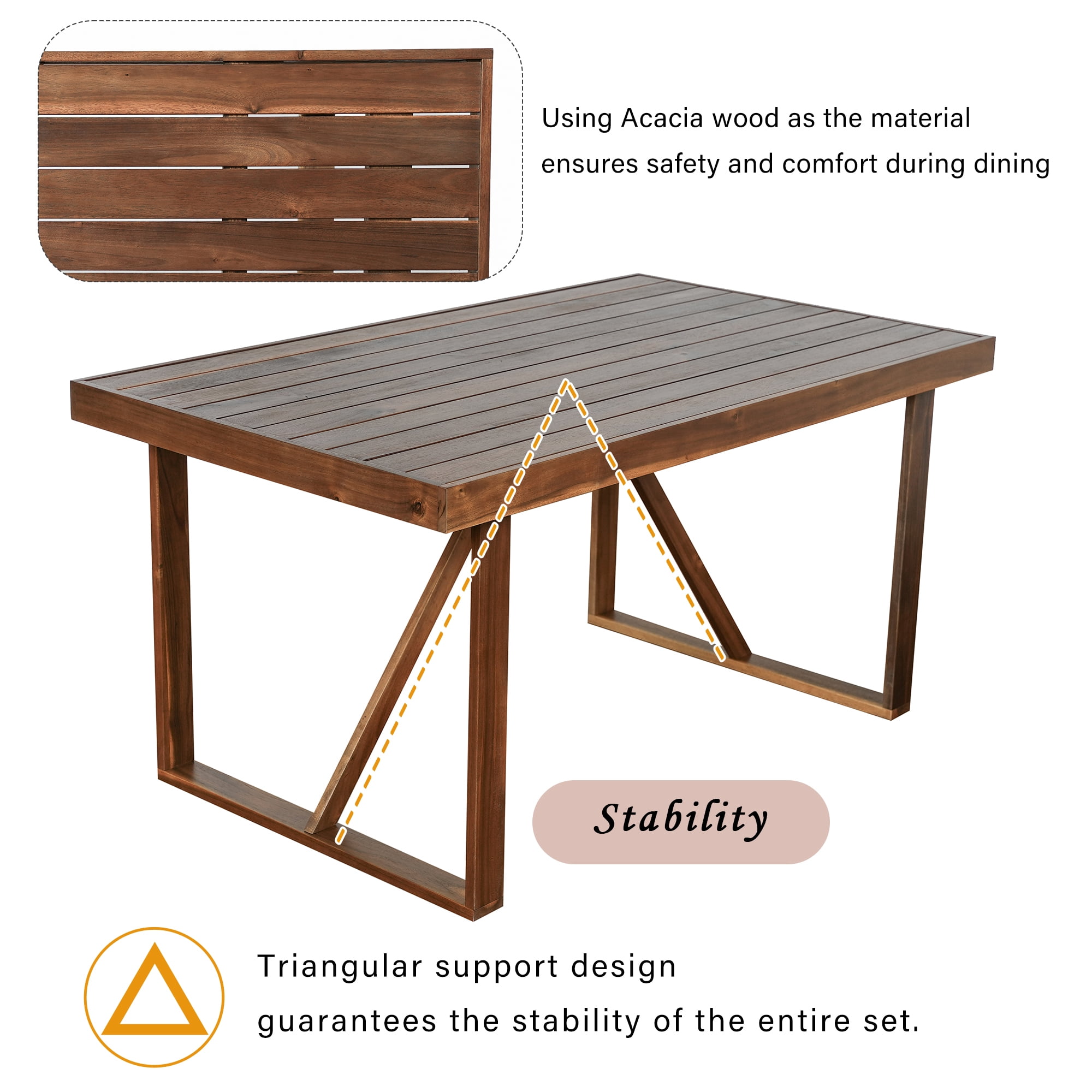 6-Piece Outdoor Acacia Wood Dining Set, Patio Table & Chair Set with Bench, Natural Wood Furniture for Garden, Backyard, Balcony, Poolside, Brown